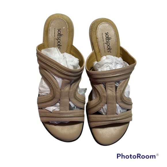 Softspots Beige Slip On Leather Wedge Sandals Pillowtop Technology Size 8 - Picture 2 of 12